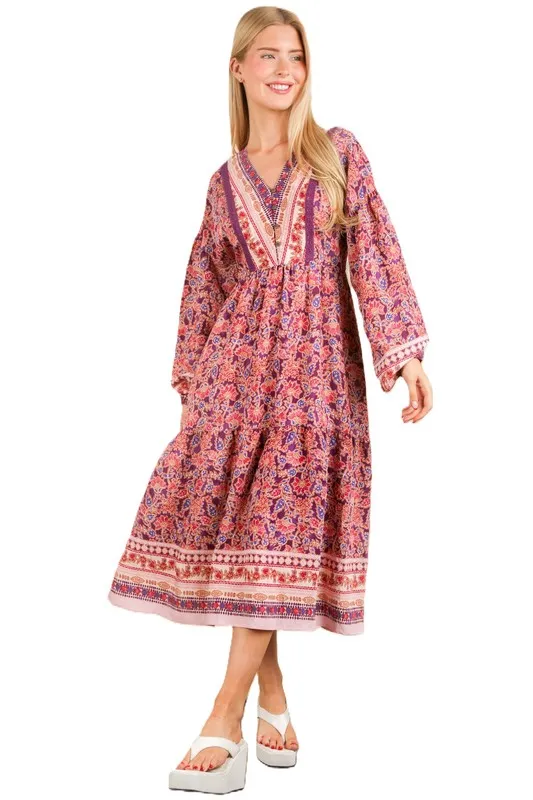 VERY J Floral Printed Boho V-Neck Balloon Sleeve Dress - Image 5