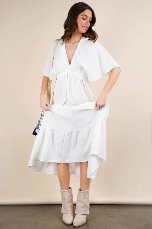 VERY J Mineral Washed Elastic Neck Detail Midi Dress - Image 3