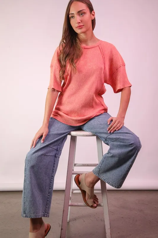 VERY J Mineral Washed Ribbed Knit Casual Top - Image 3