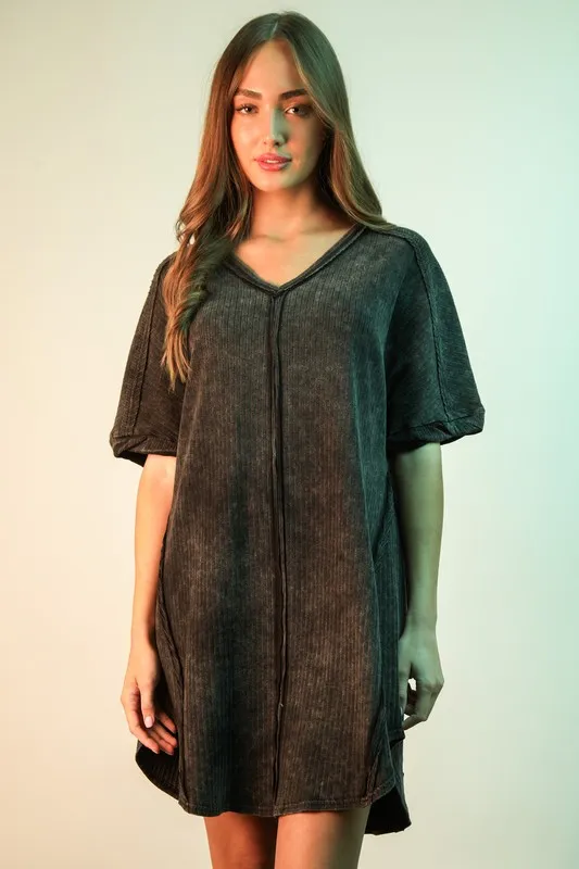 VERY J Mineral Washed Ribbed Knit Mini Dress