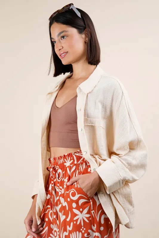 VERY J Plus Size Dolman Sleeve Button Down Gauze Shirt - Image 5