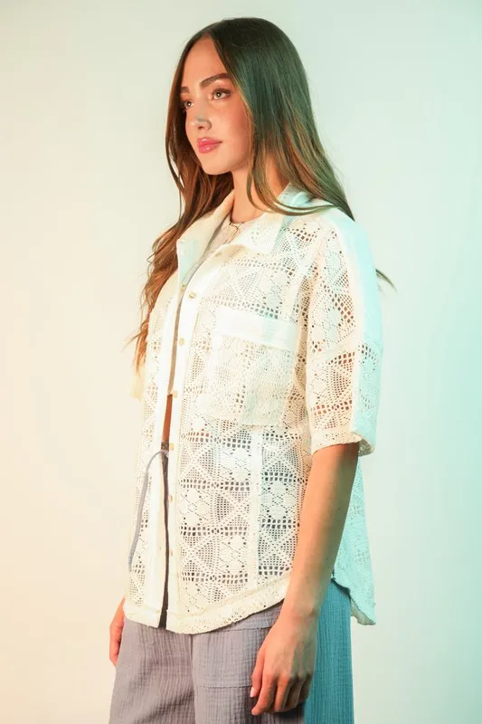 VERY J Plus Size Oversized Crochet Button Down Shirt Top - Image 4