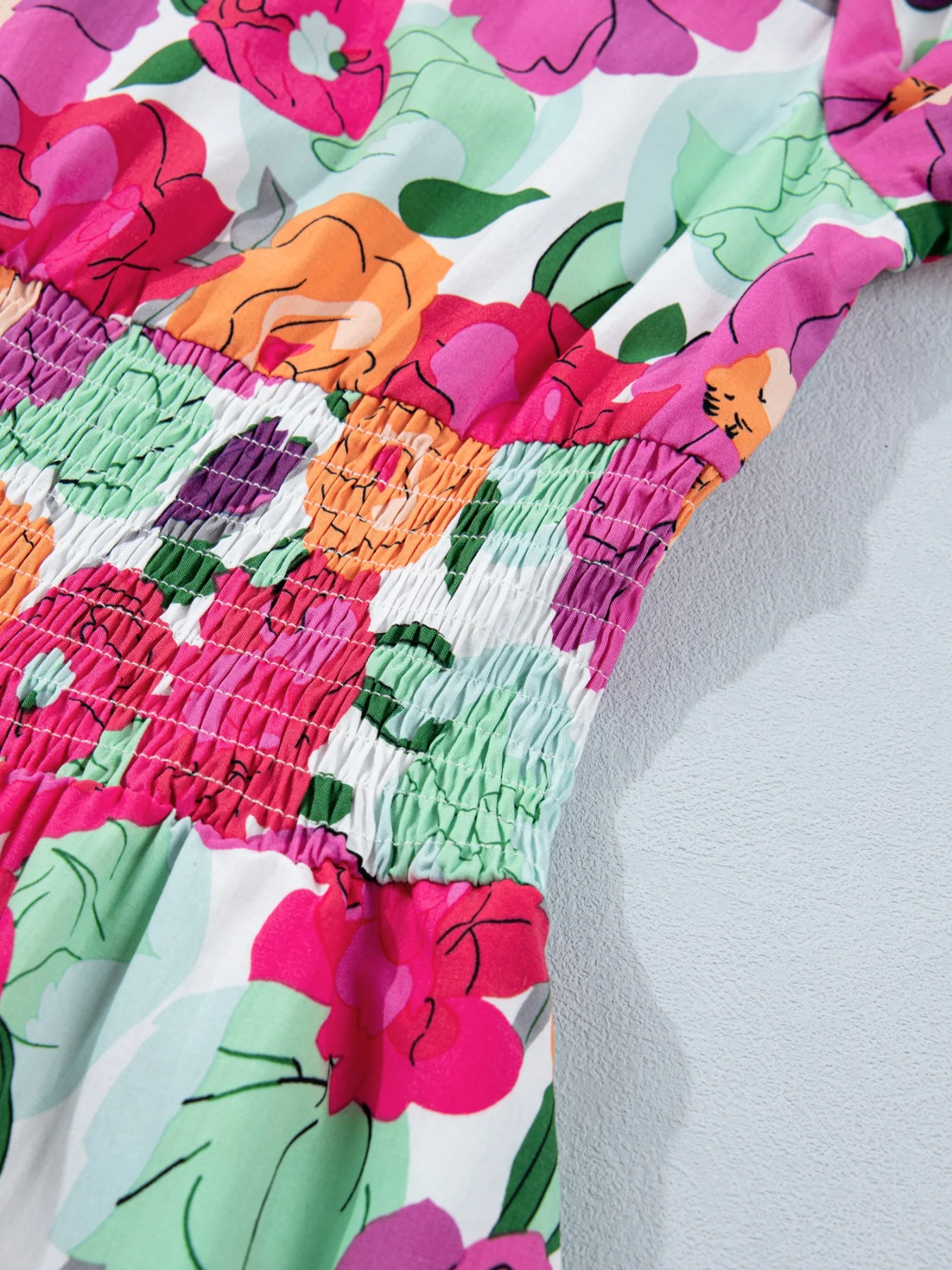 Vibrant Floral Print V Neck Zip Up Puffy Half Sleeve Dress - Image 10