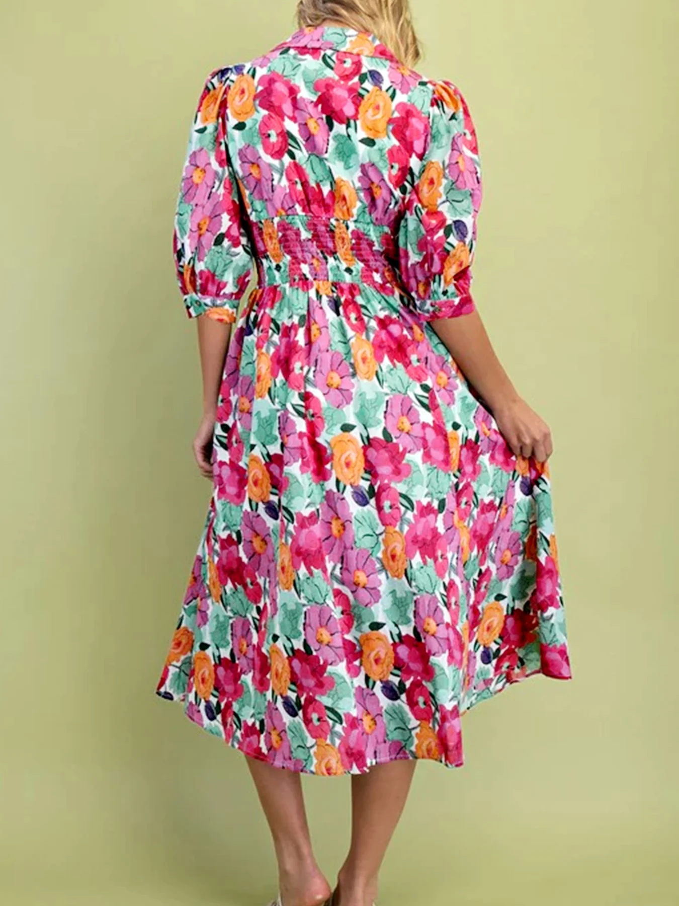 Vibrant Floral Print V Neck Zip Up Puffy Half Sleeve Dress - Image 2