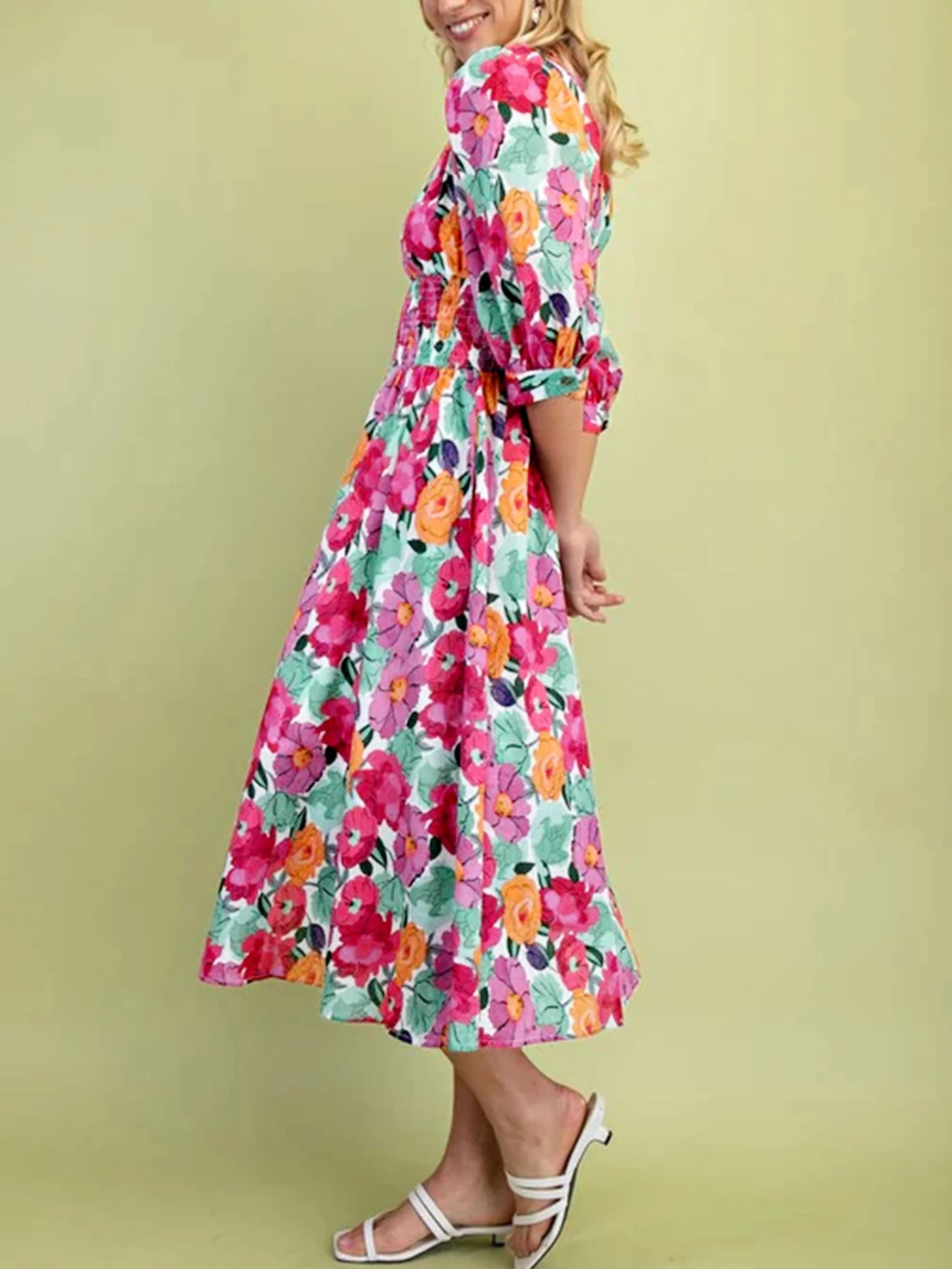 Vibrant Floral Print V Neck Zip Up Puffy Half Sleeve Dress - Image 3