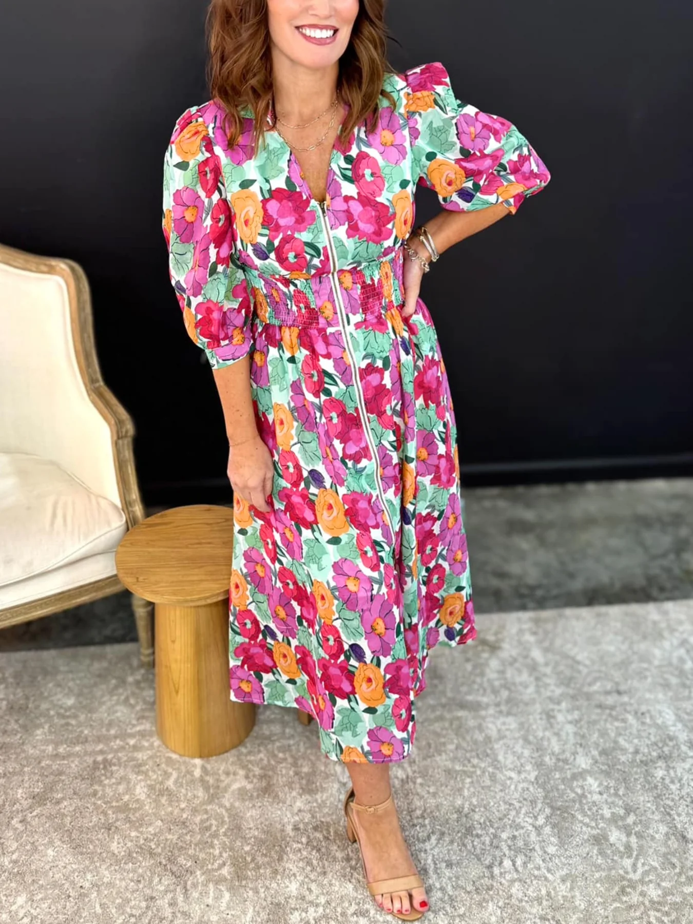 Vibrant Floral Print V Neck Zip Up Puffy Half Sleeve Dress - Image 4
