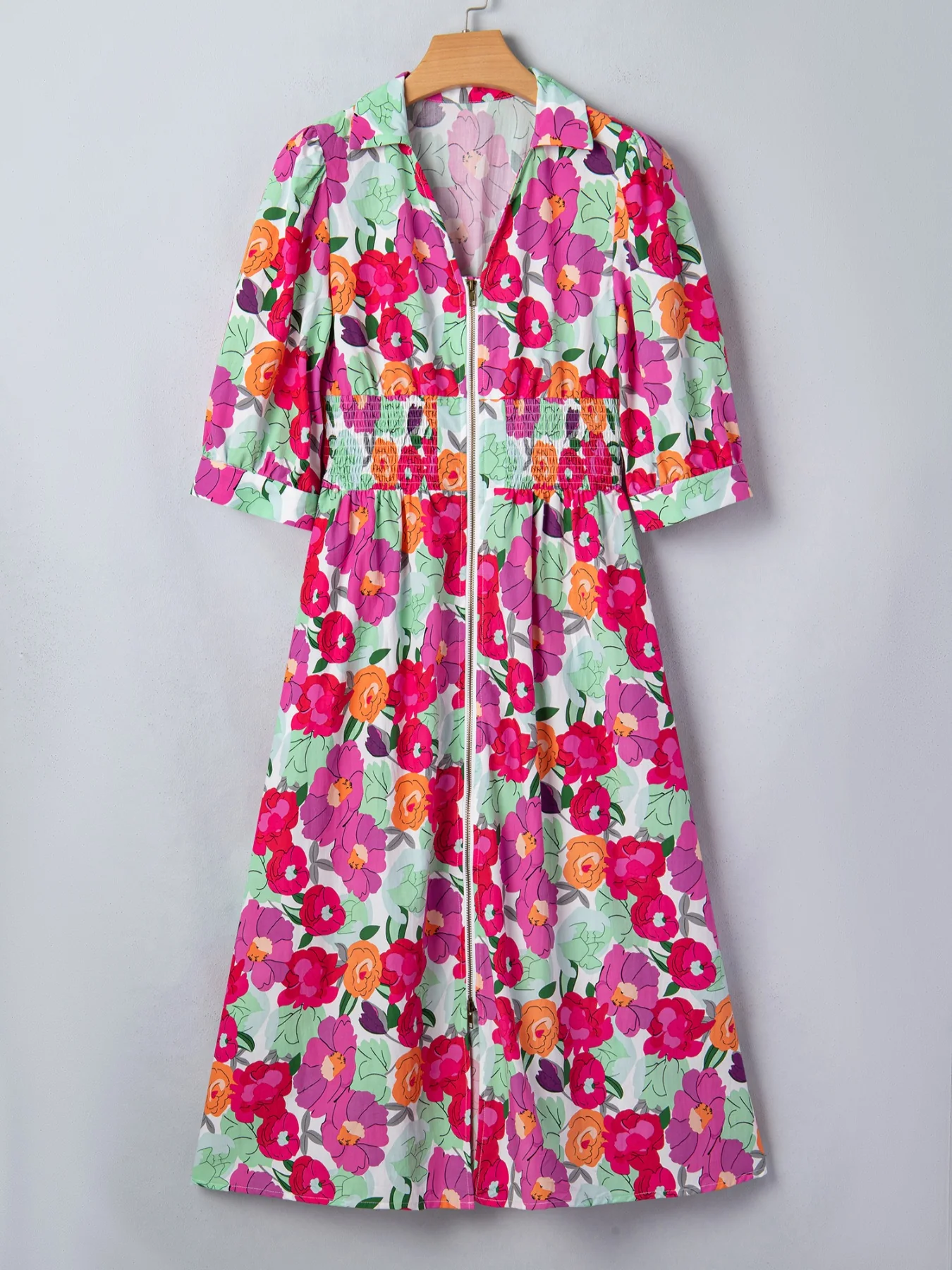 Vibrant Floral Print V Neck Zip Up Puffy Half Sleeve Dress - Image 5
