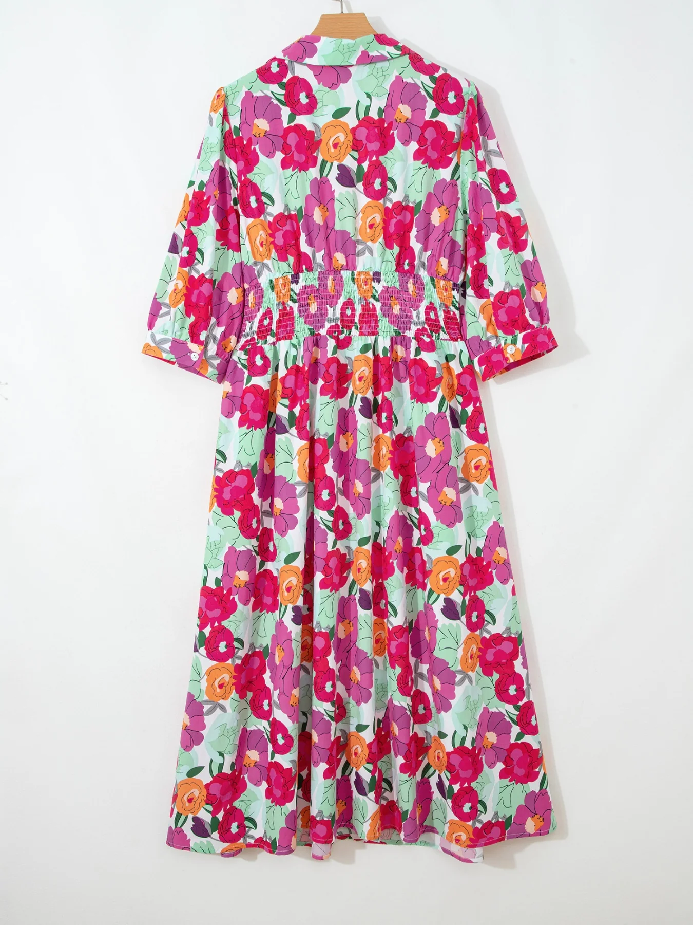 Vibrant Floral Print V Neck Zip Up Puffy Half Sleeve Dress - Image 6