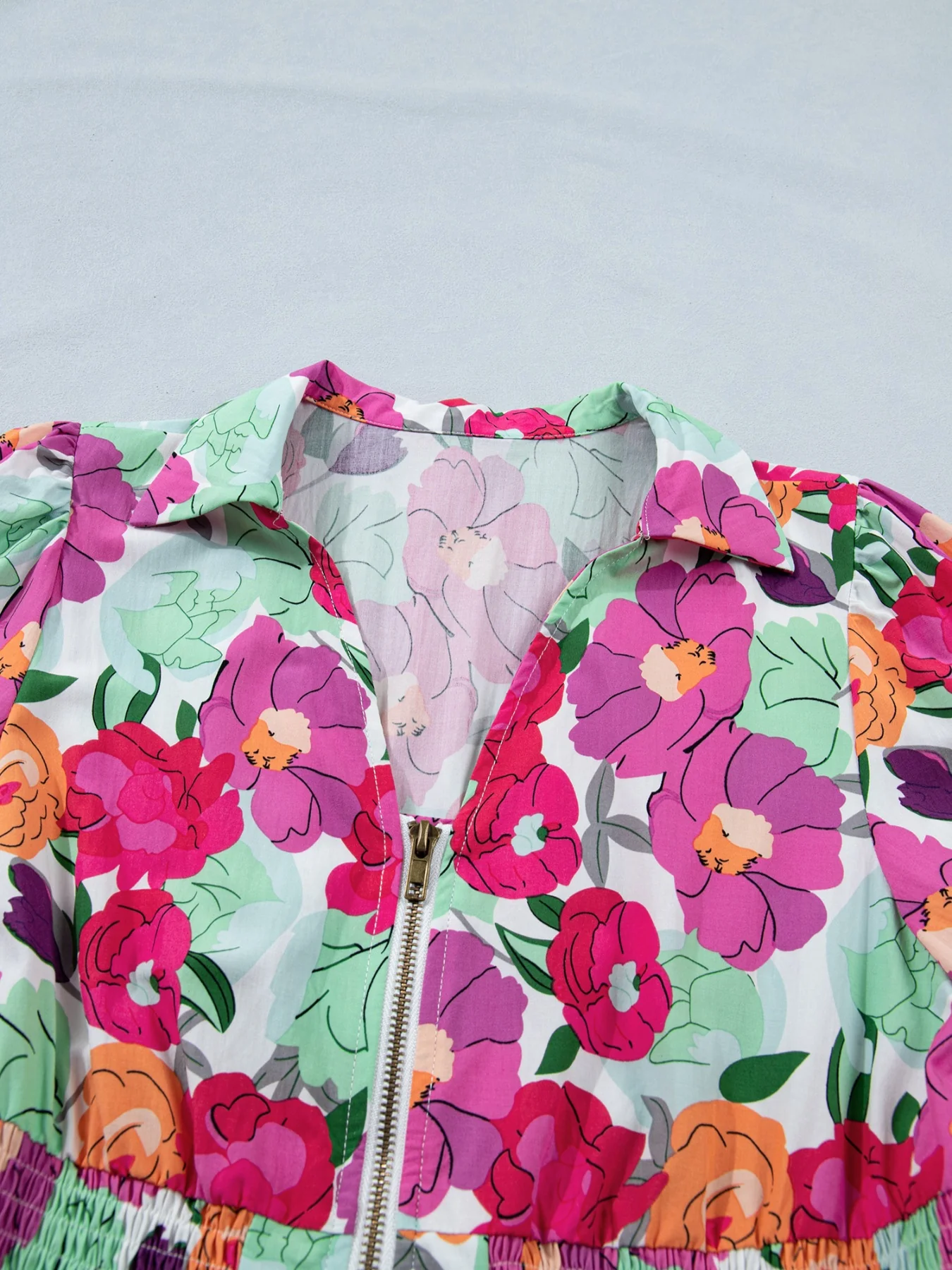 Vibrant Floral Print V Neck Zip Up Puffy Half Sleeve Dress - Image 7