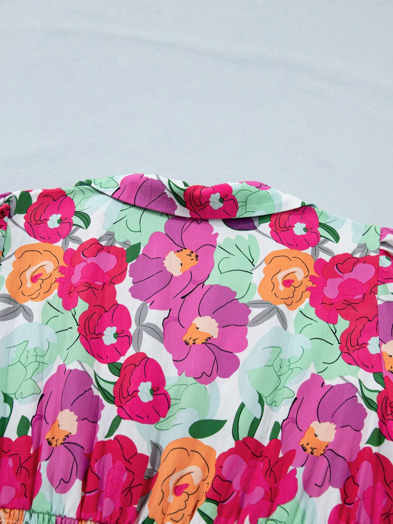 Vibrant Floral Print V Neck Zip Up Puffy Half Sleeve Dress - Image 8