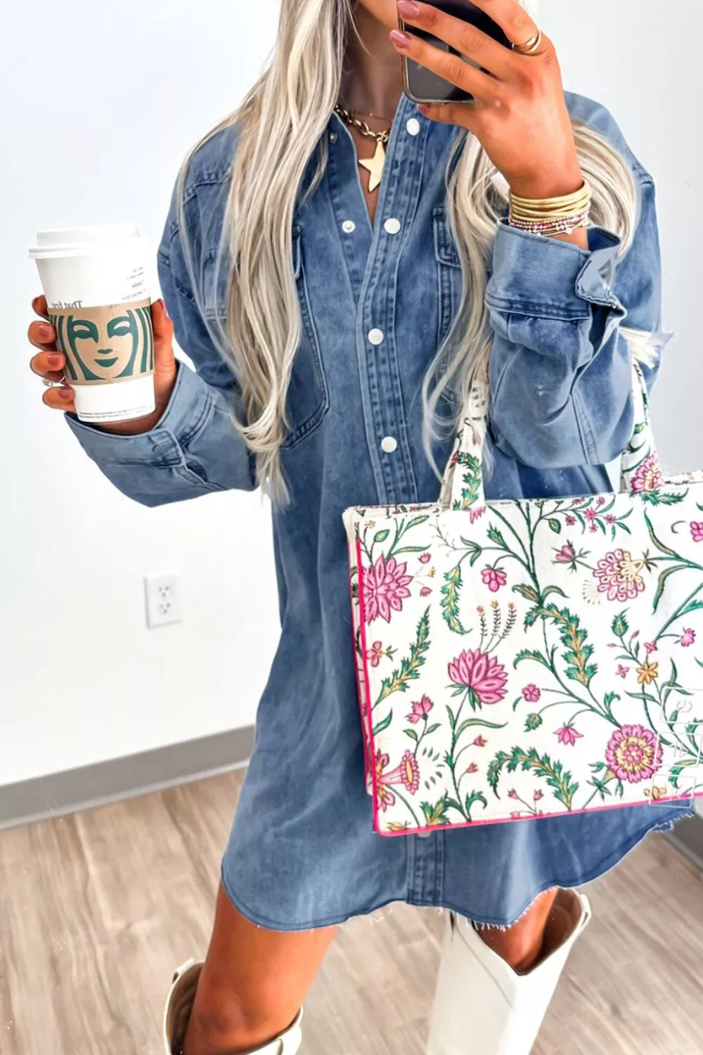 Vintage Wash Button-Down Denim Dress - Image 3