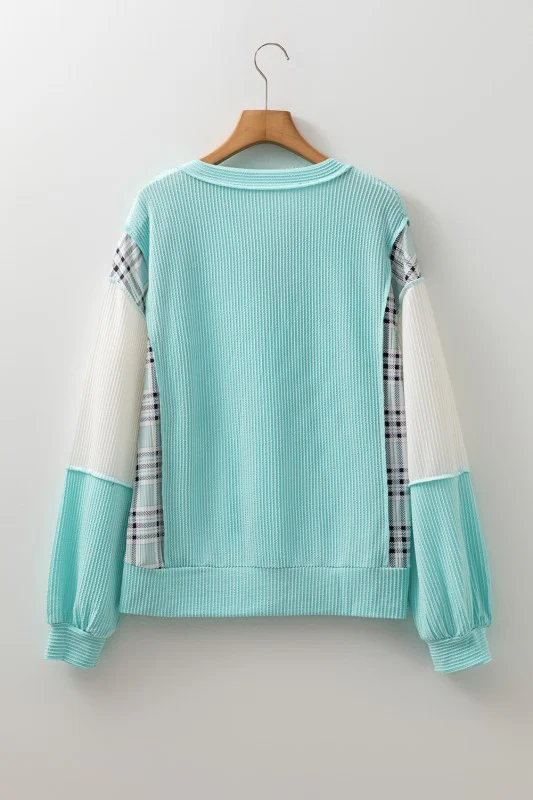 Viscose Corded Texture Plaid Patchwork Split Top - Image 3