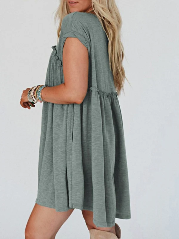 Viscose Green Frilled Seam Pocket T Shirt Dress