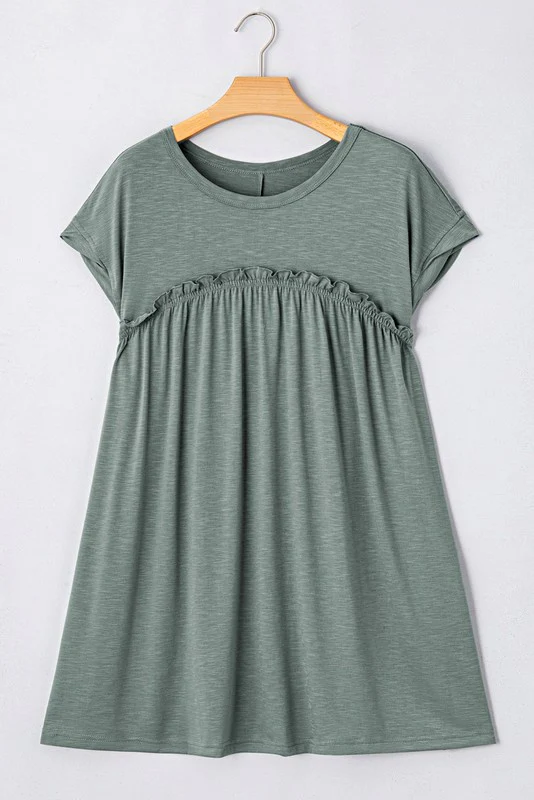 Viscose Green Frilled Seam Pocket T Shirt Dress - Image 10