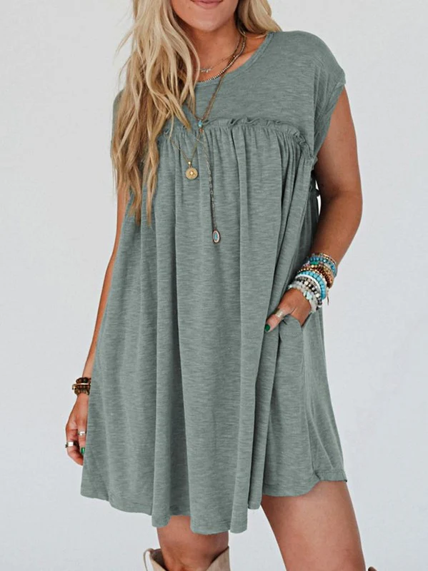 Viscose Green Frilled Seam Pocket T Shirt Dress - Image 4