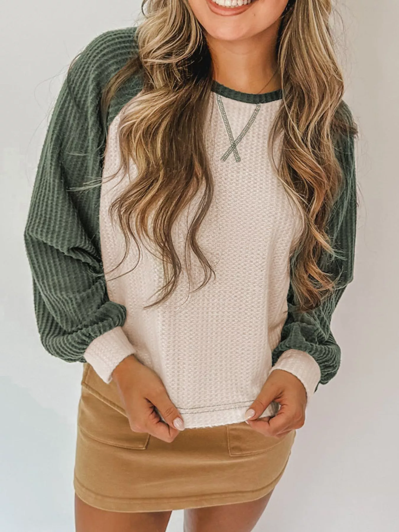 Waffle Color Block Raglan Sleeve Top - Image 2