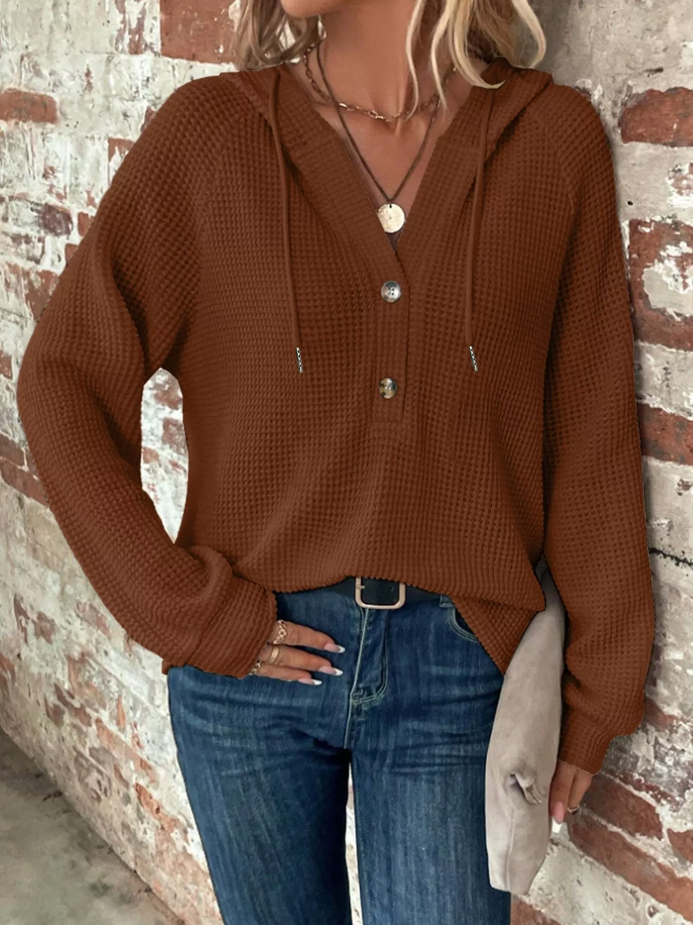 Waffle Knit Button Detail Hoodie - Image 2