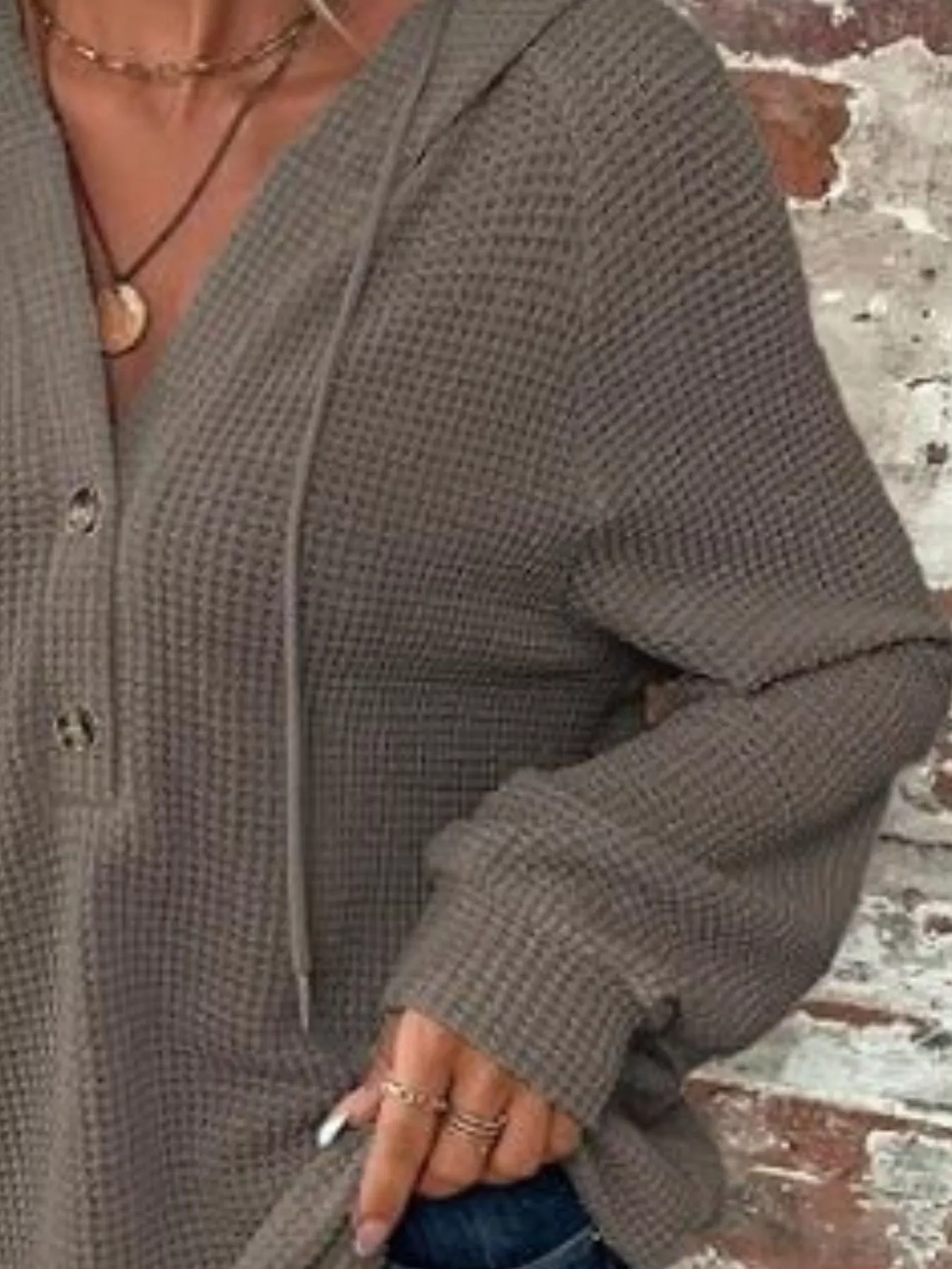 Waffle Knit Button Detail Hoodie - Image 22