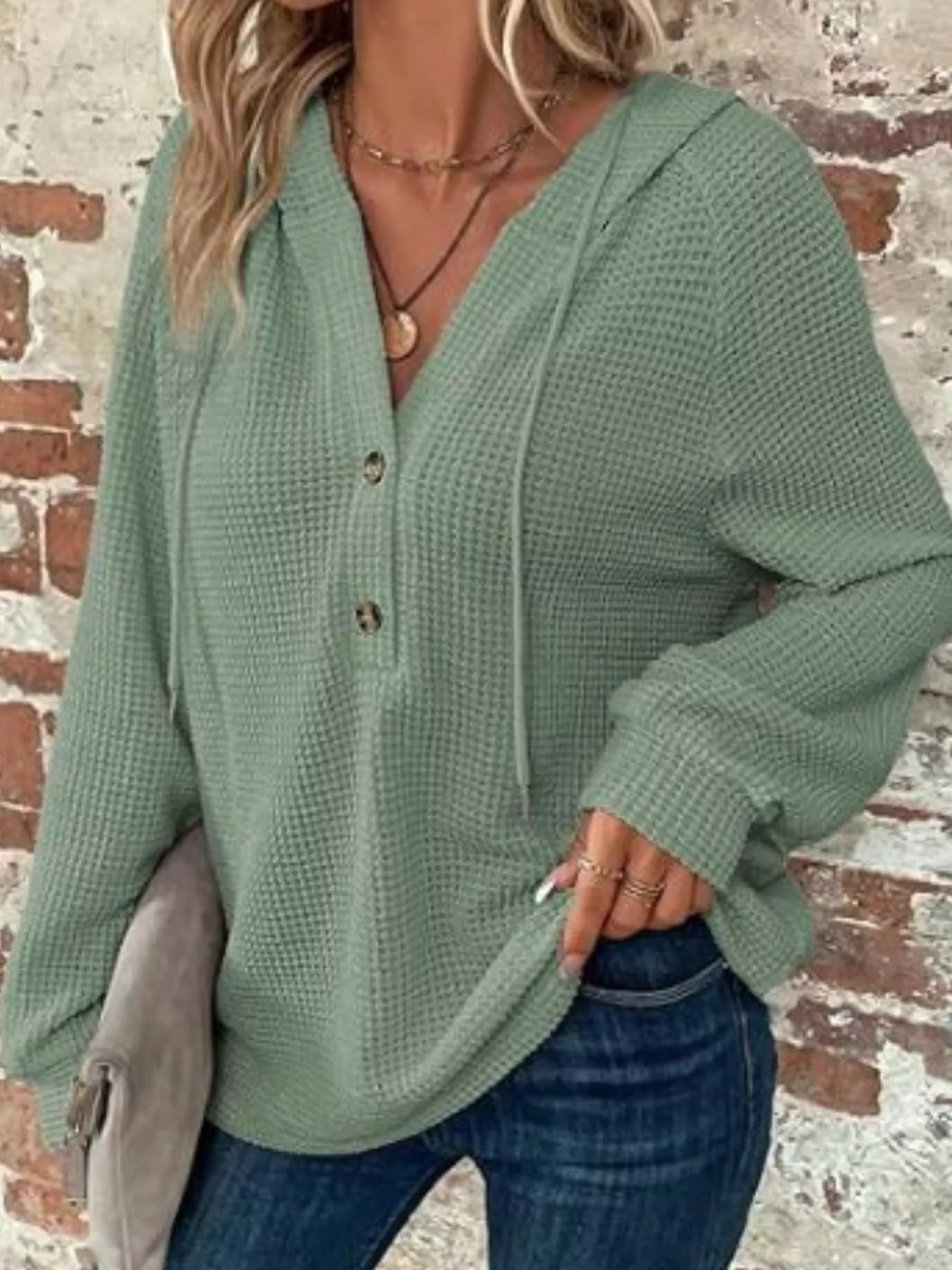 Waffle Knit Button Detail Hoodie - Image 33
