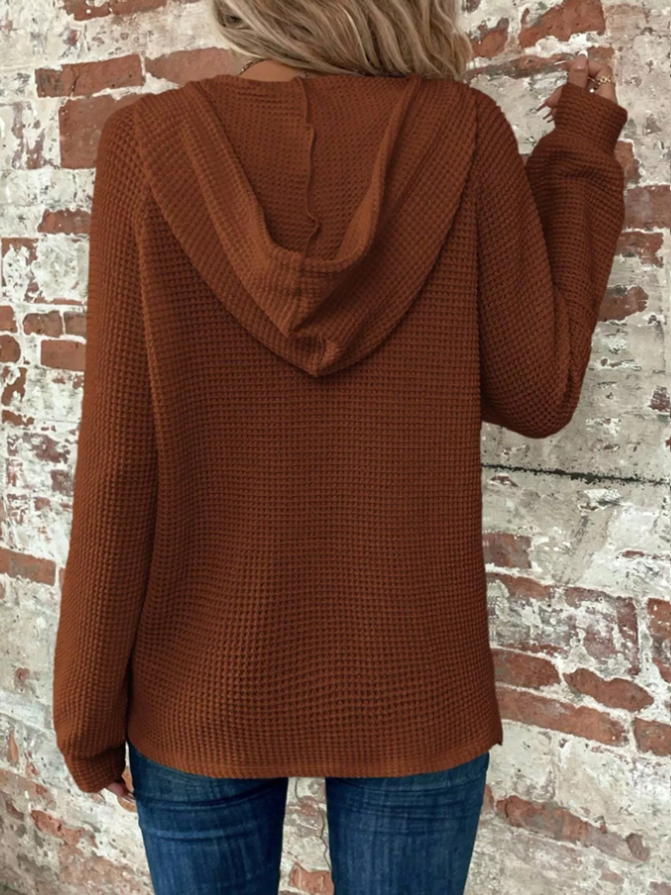 Waffle Knit Button Detail Hoodie - Image 4