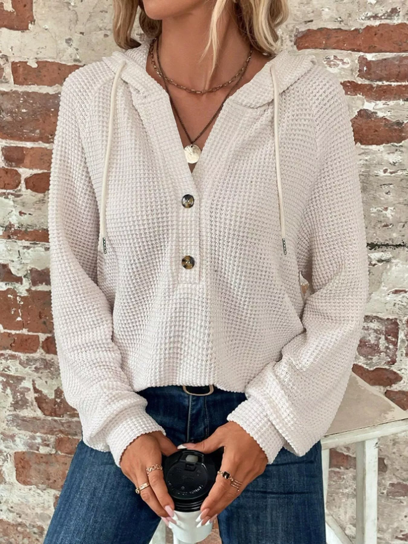 Waffle Knit Button Detail Hoodie - Image 6