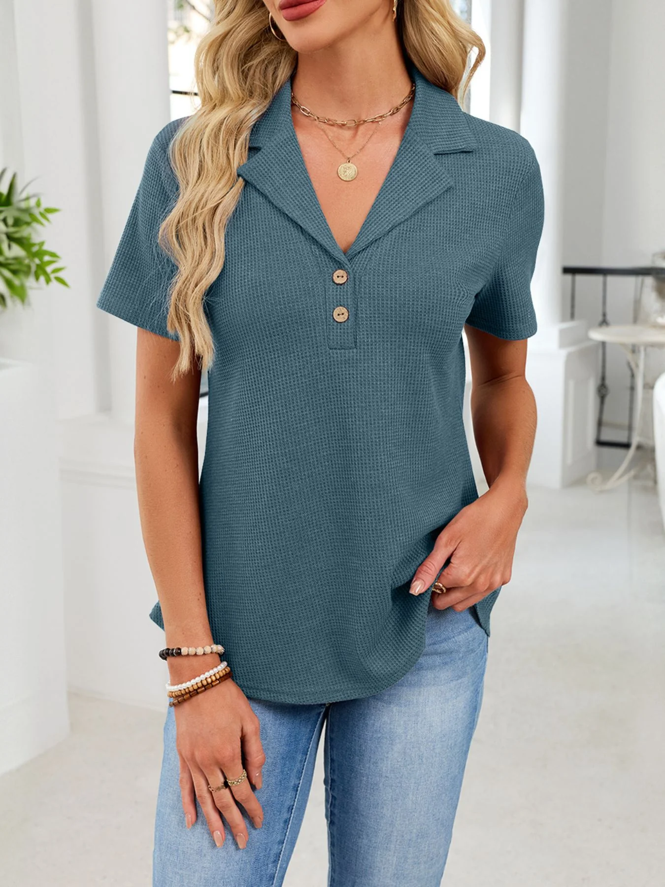 Waffle Knit Button Detail T-Shirt - Image 16