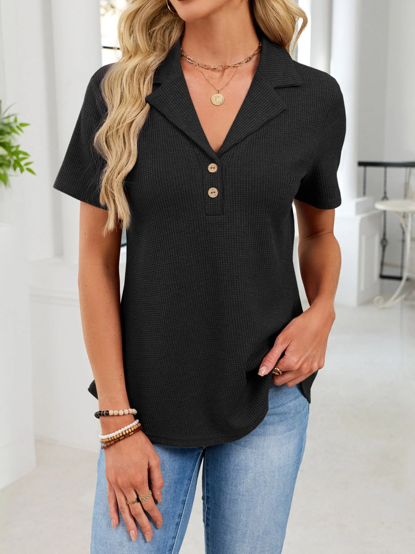 Waffle Knit Button Detail T-Shirt - Image 24