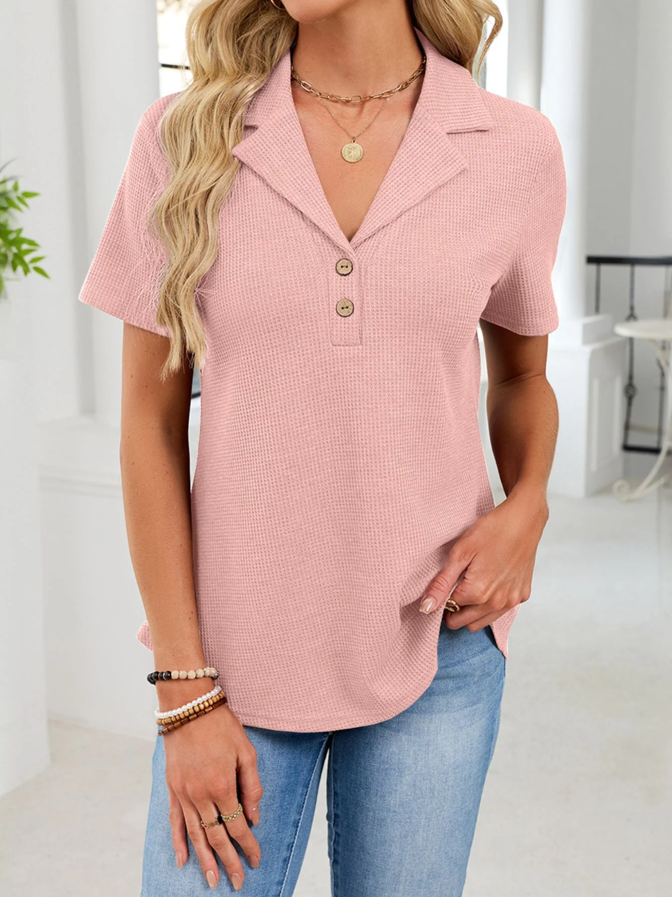 Waffle Knit Button Detail T-Shirt - Image 8