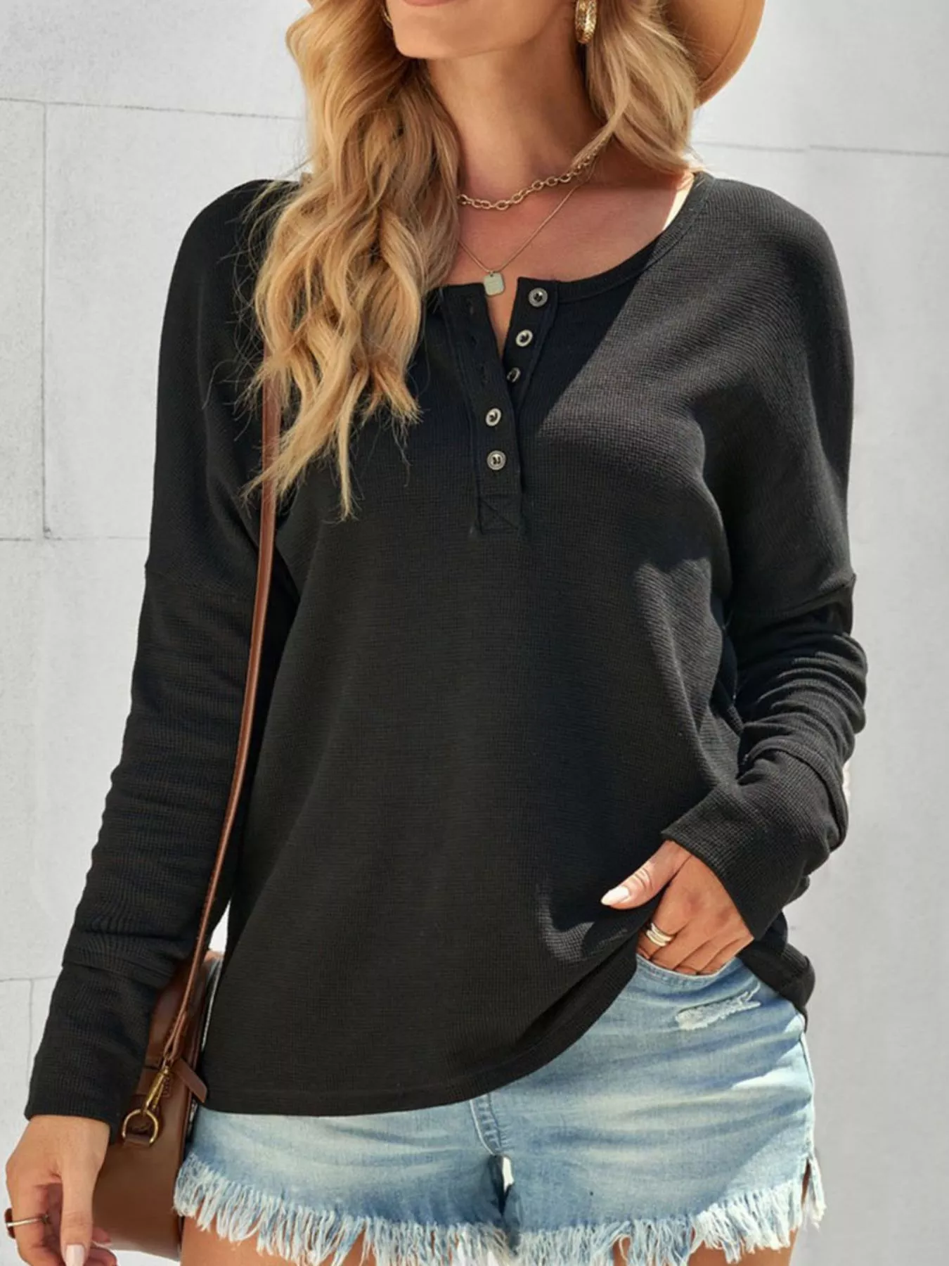 Waffle Knit Henley Top - Image 3