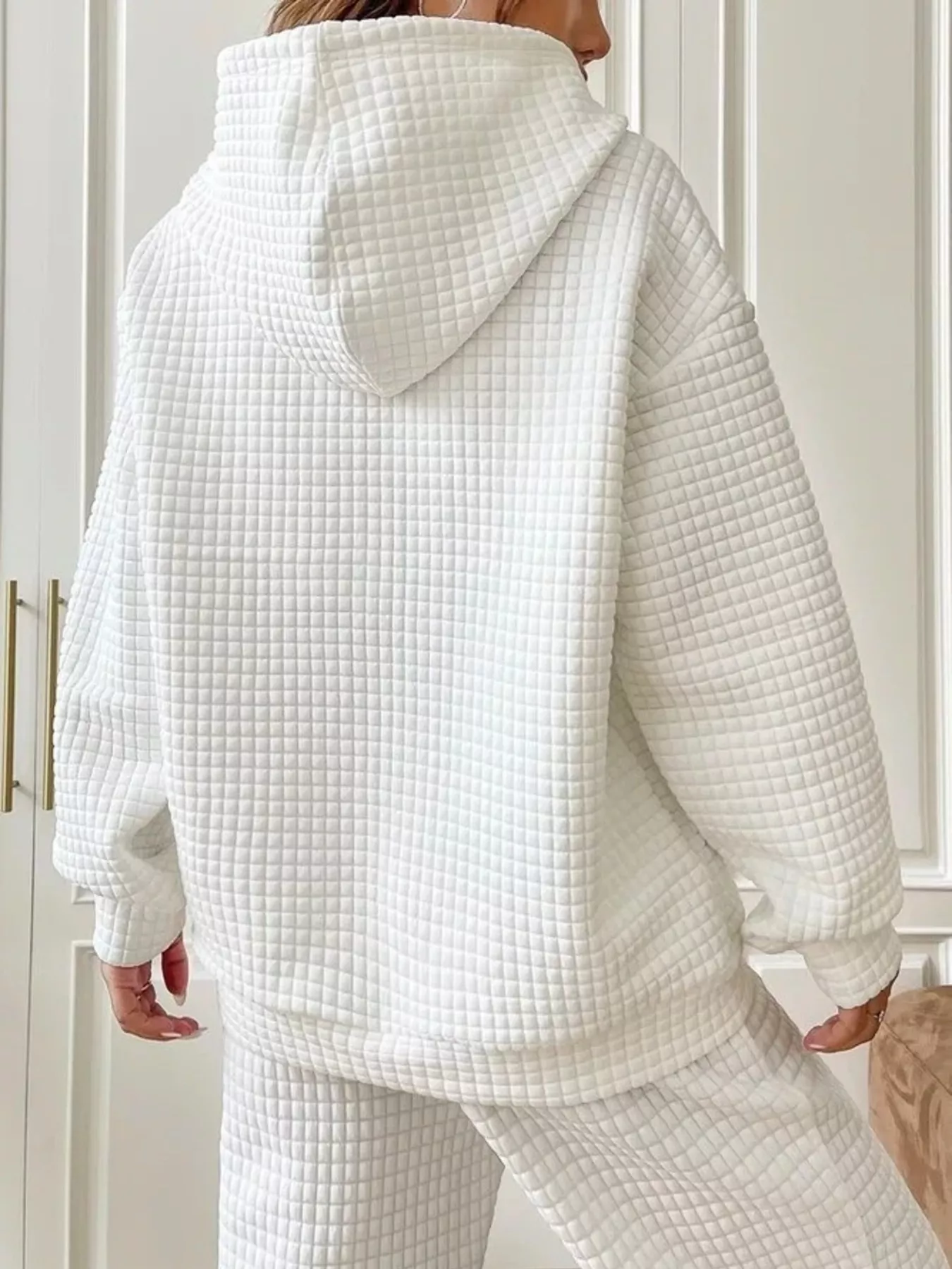 Waffle Knit Hoodie with Drawstring Details - Image 2