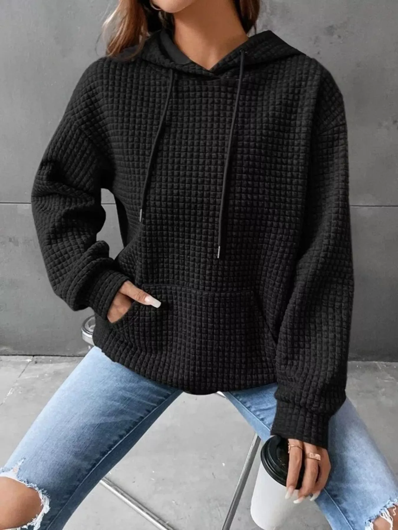 Waffle Knit Hoodie with Drawstring Details - Image 9
