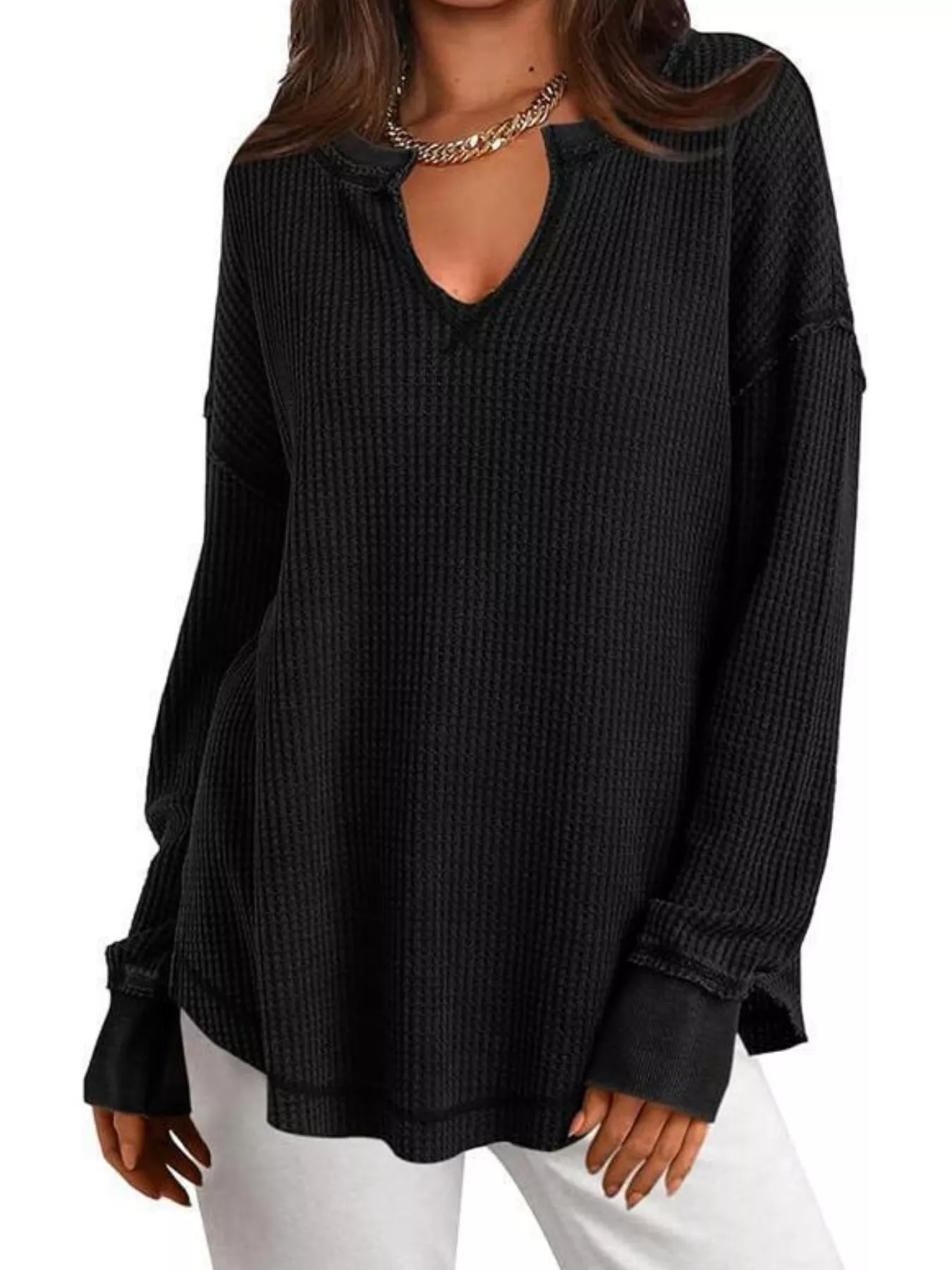 Waffle Knit Long Sleeve Sweatshirt - Image 18