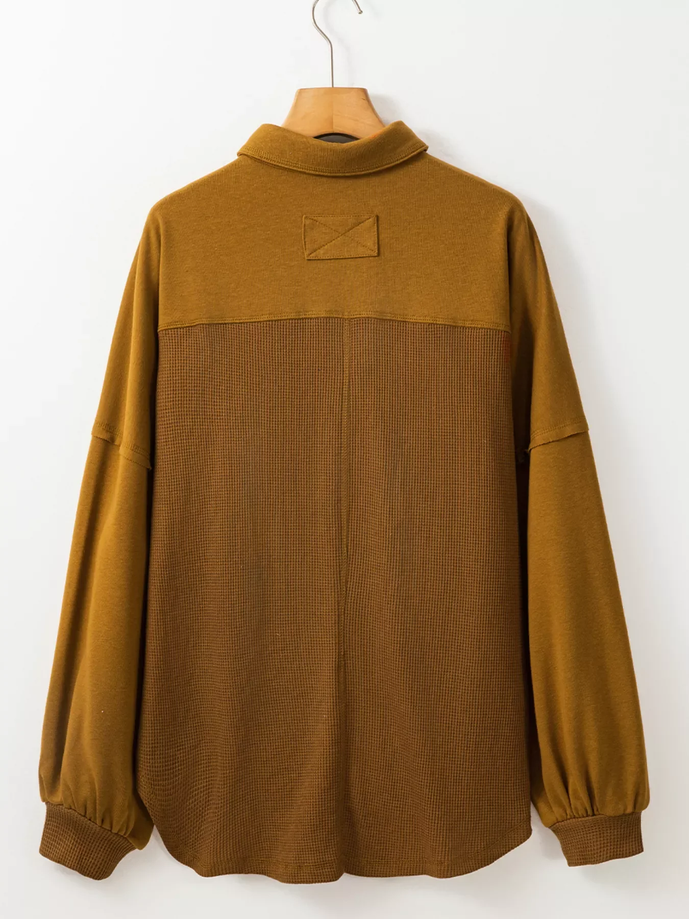Waffle Knit Patchwork Exposed Seam Loose Shacket - Image 5