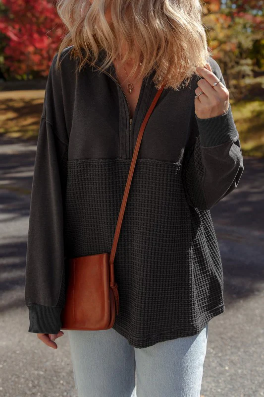 Waffle Knit Patchwork Half-Zip Sweatshirt - Image 6