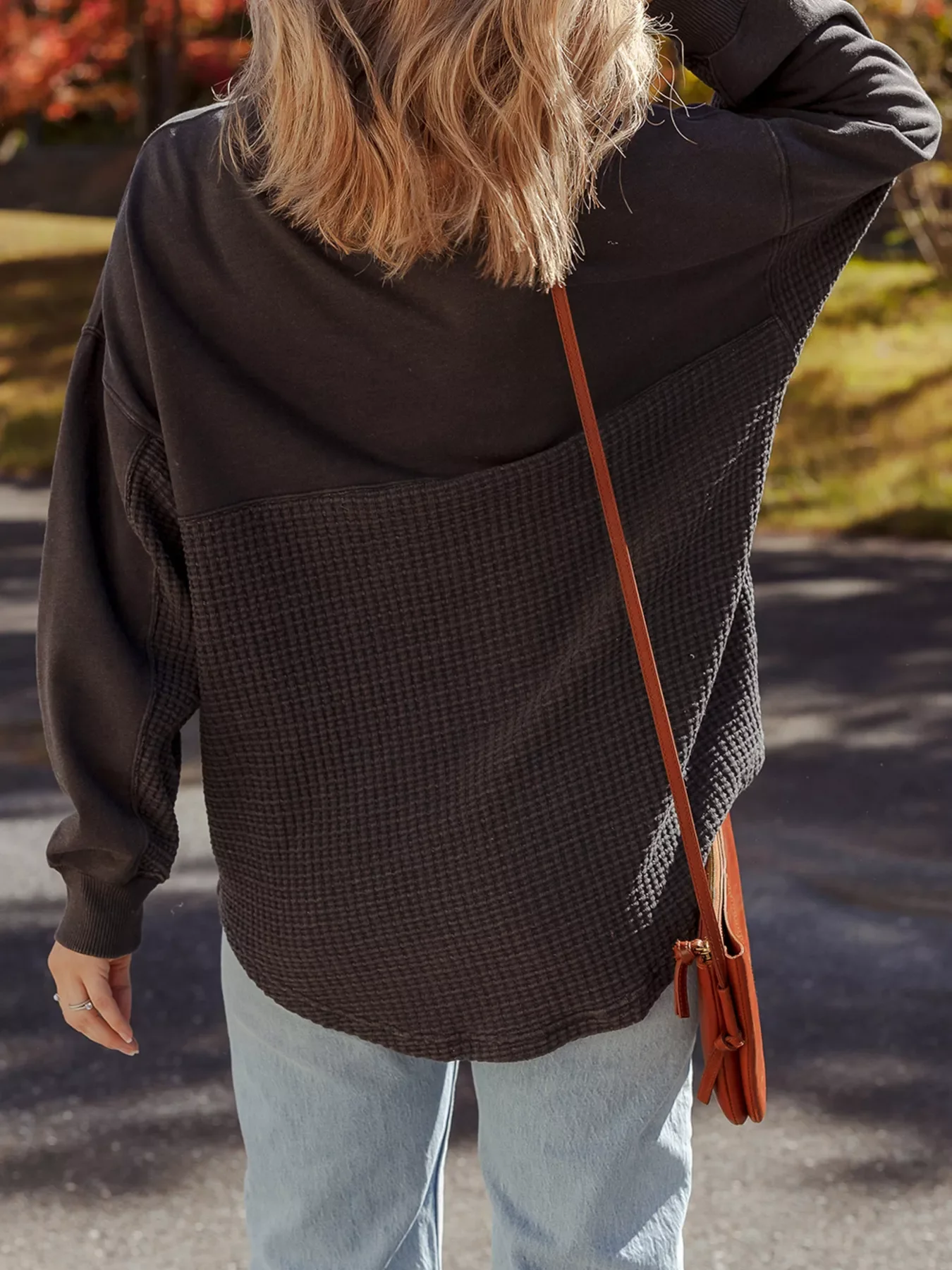 Waffle Knit Patchwork Half Zipped Casual Sweatshirt - Image 3