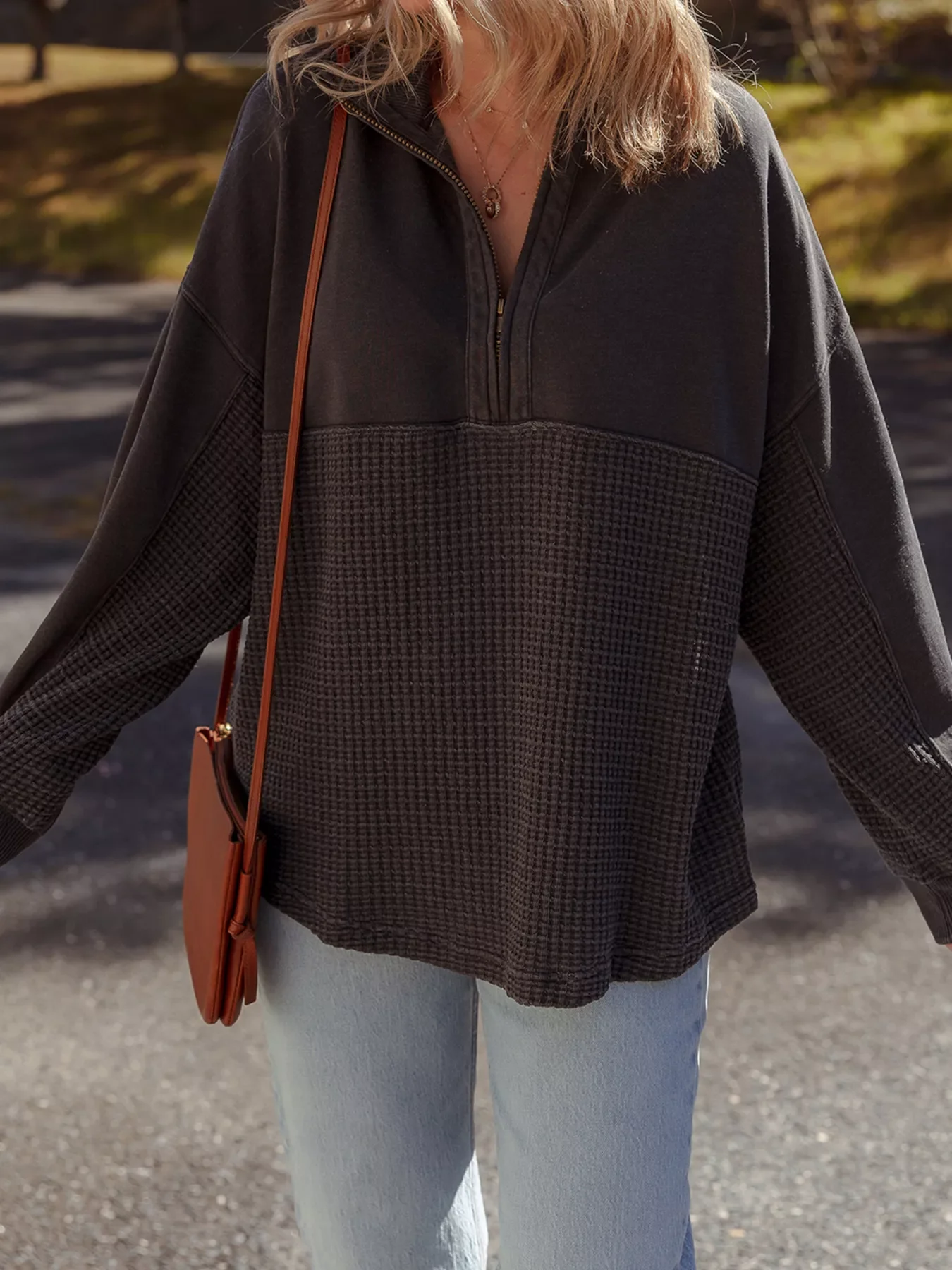 Waffle Knit Patchwork Half Zipped Casual Sweatshirt - Image 5