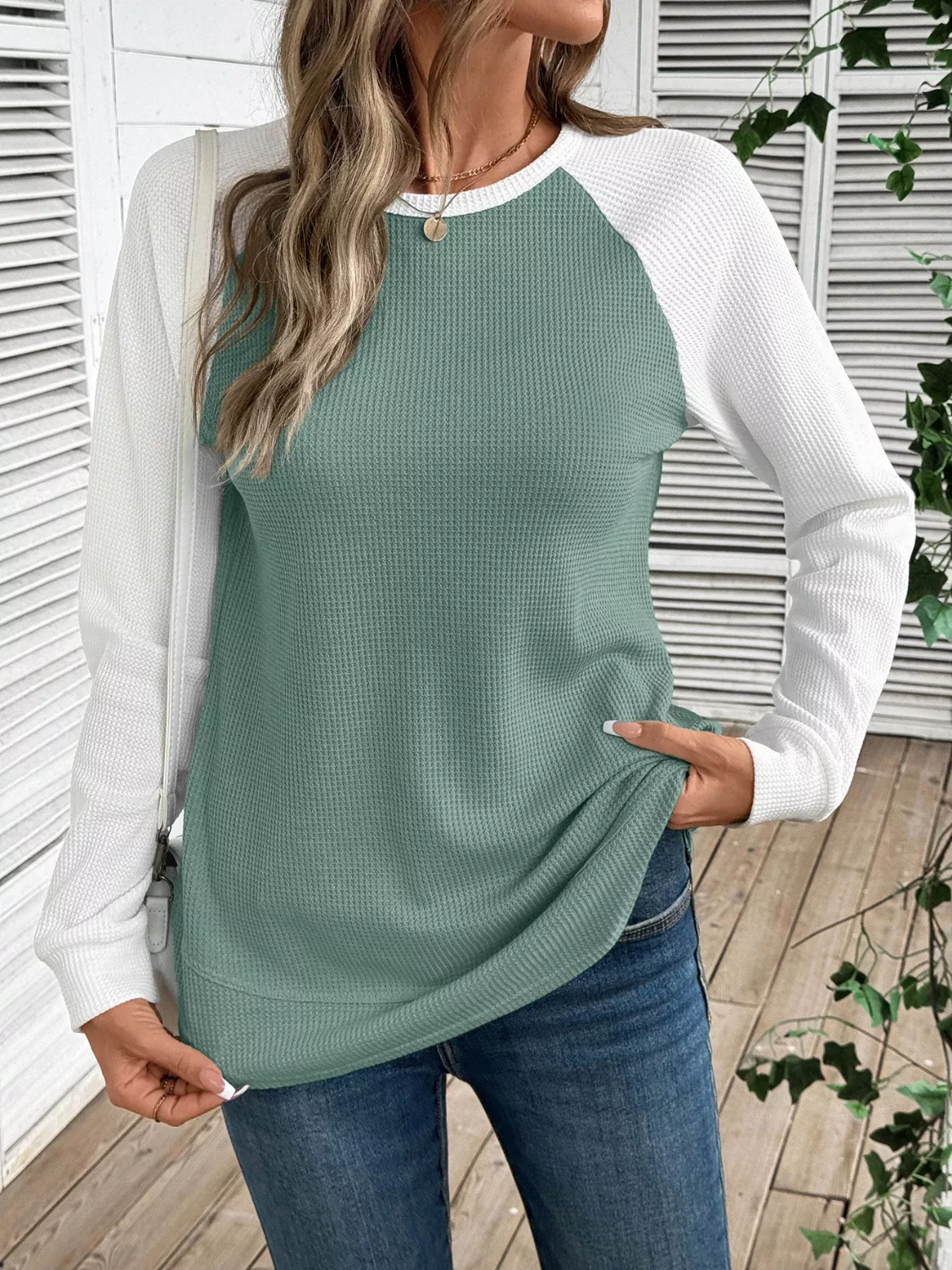 Waffle Knit Raglan Sleeve T-Shirt - Image 10
