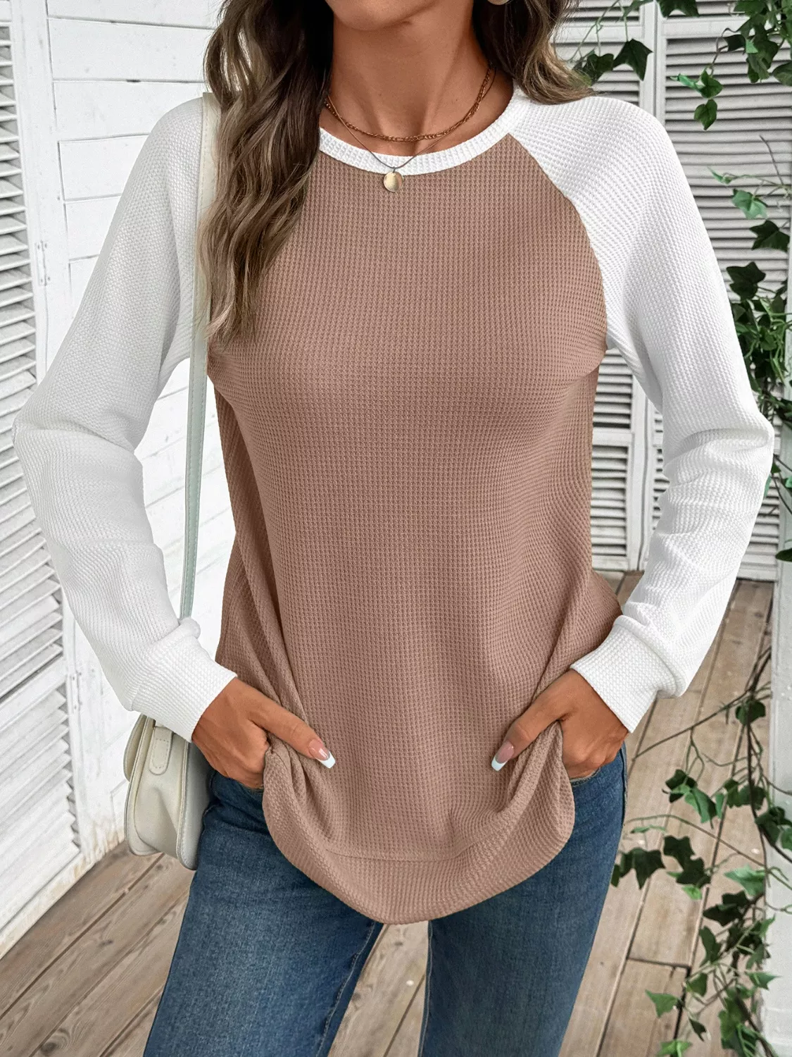 Waffle Knit Raglan Sleeve T-Shirt - Image 6