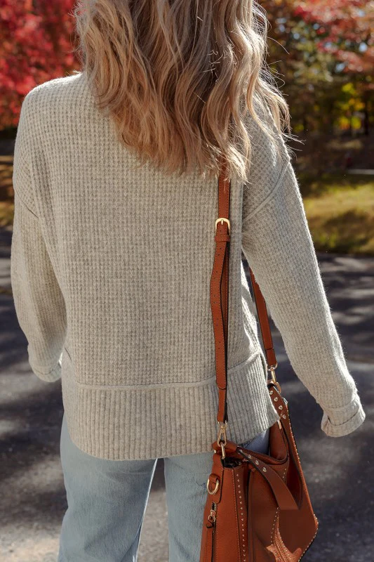 Waffle Knit Ribbed High Neck Drop Shoulder Sweater - Image 2