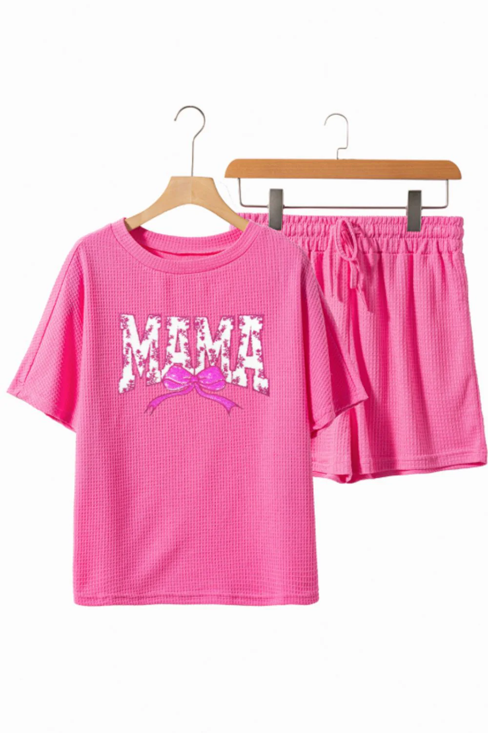 Waffle Sequin Floral MAMA Bow Graphic Top and Shorts Set - Image 5