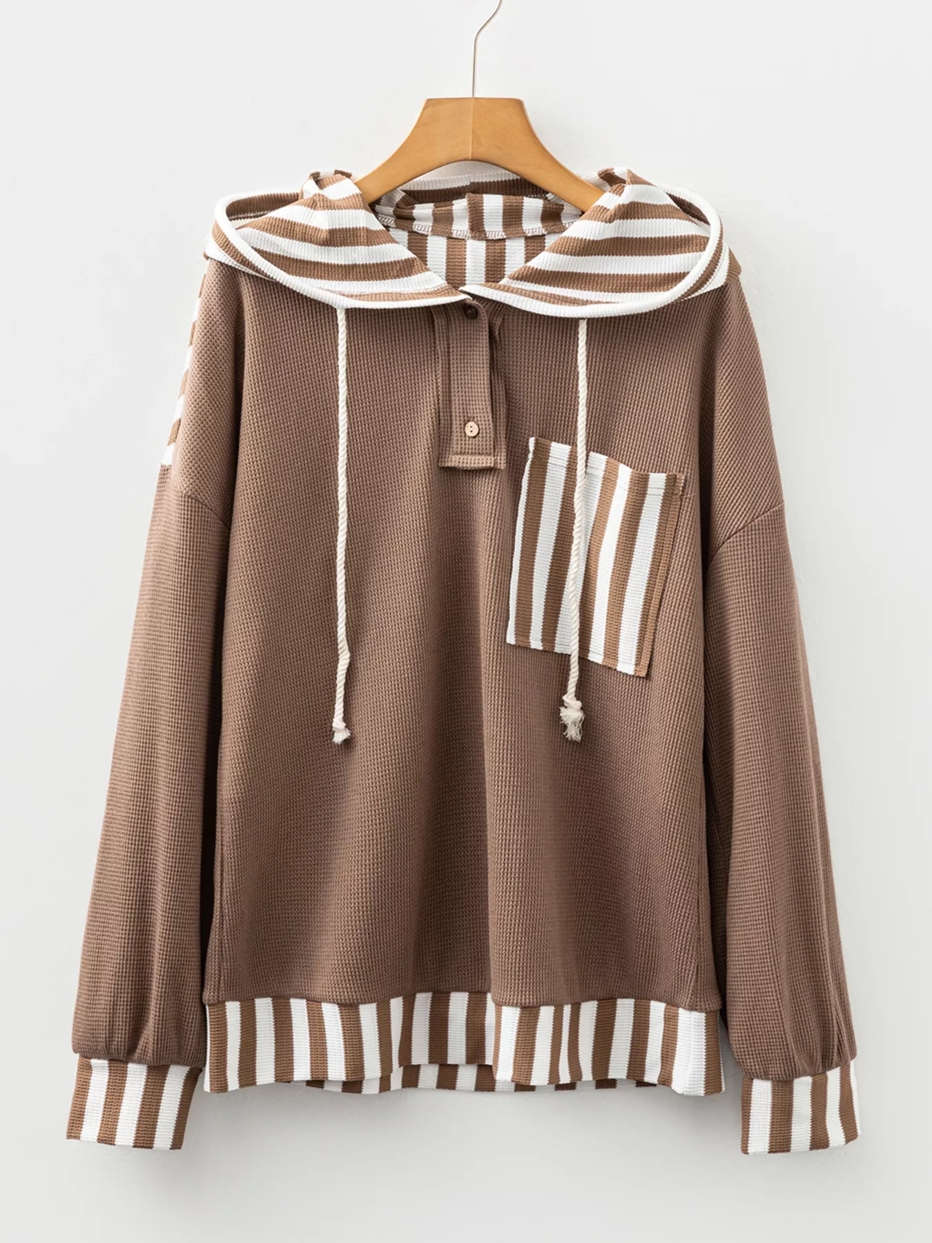 Waffle Texture Striped Patchwork Button Neck Drawstring Hoodie - Image 2