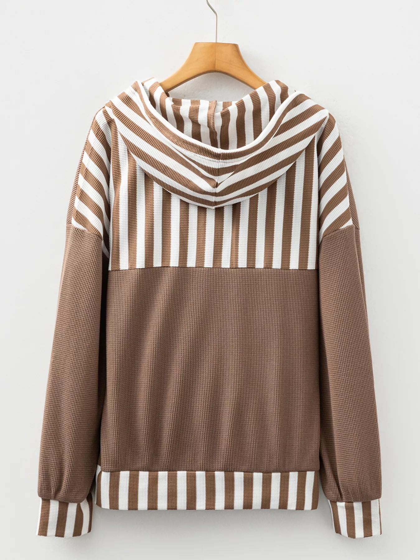 Waffle Texture Striped Patchwork Button Neck Drawstring Hoodie - Image 3