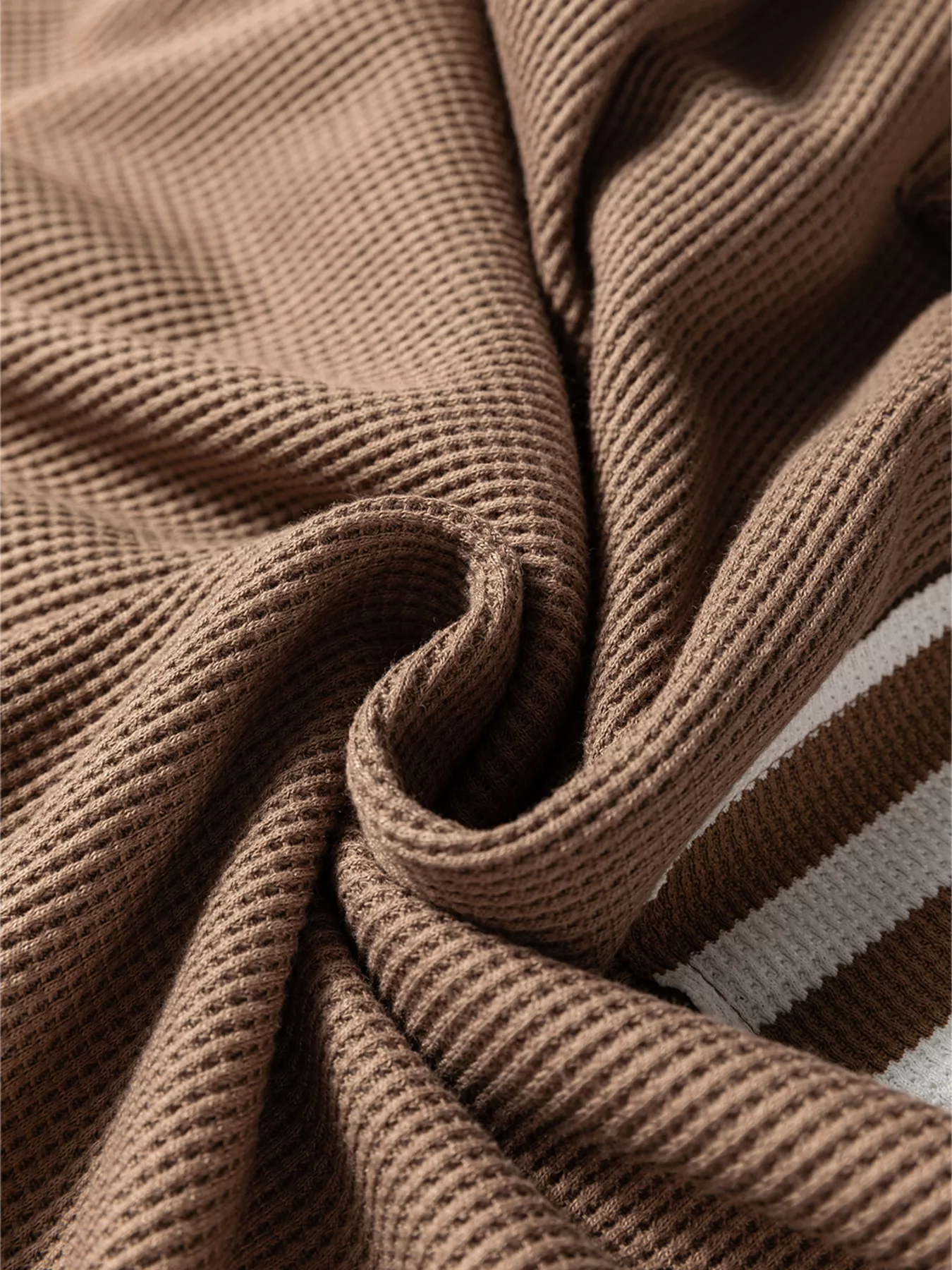 Waffle Texture Striped Patchwork Button Neck Drawstring Hoodie - Image 4
