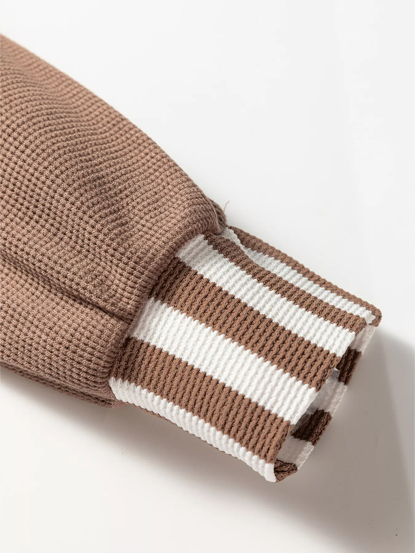 Waffle Texture Striped Patchwork Button Neck Drawstring Hoodie - Image 5