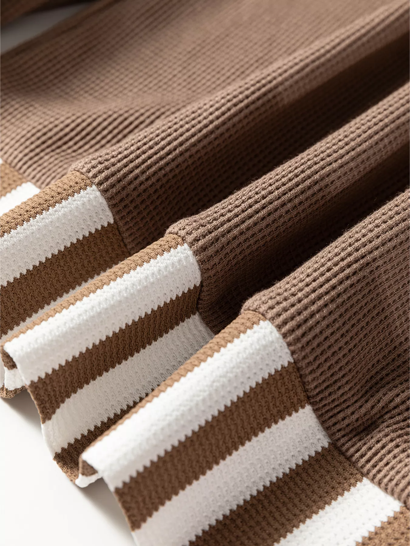 Waffle Texture Striped Patchwork Button Neck Drawstring Hoodie - Image 7