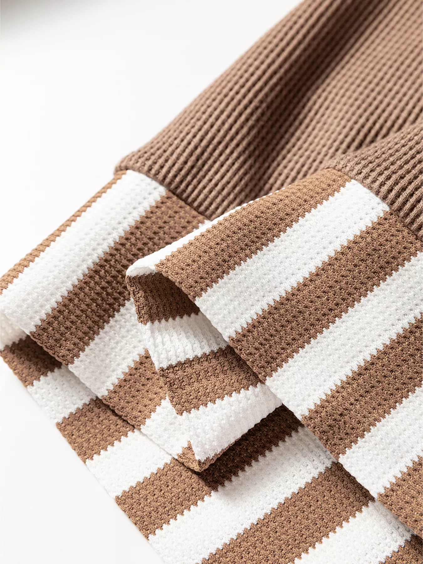 Waffle Texture Striped Patchwork Button Neck Drawstring Hoodie - Image 8