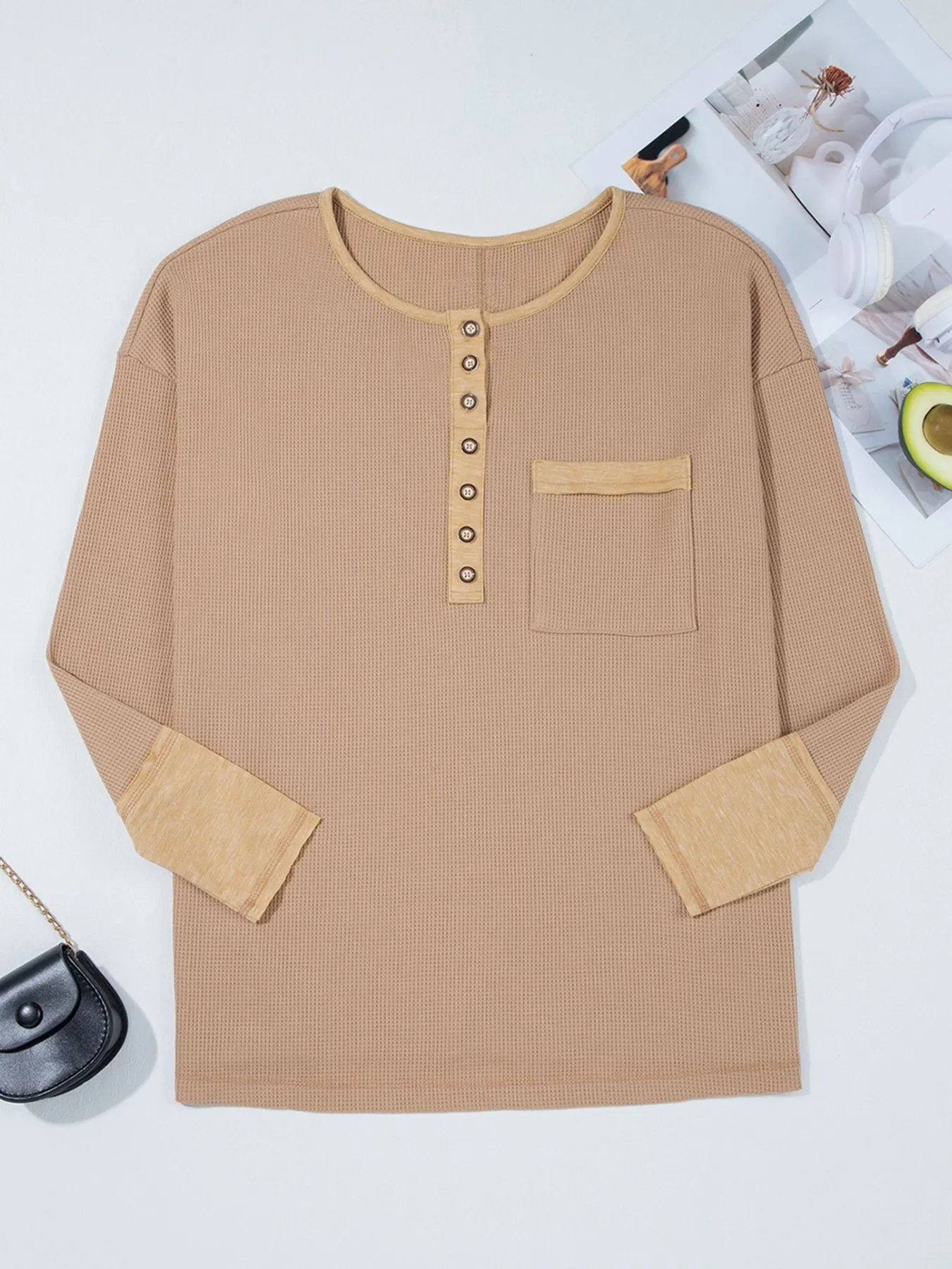 Waffle Textured Tunic Henley Top with Slits - Image 4
