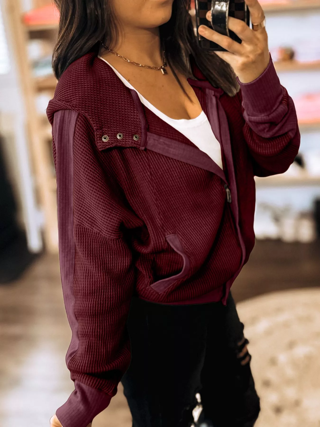 Waffle Zip Up Hooded Jacket with Pockets - Image 4