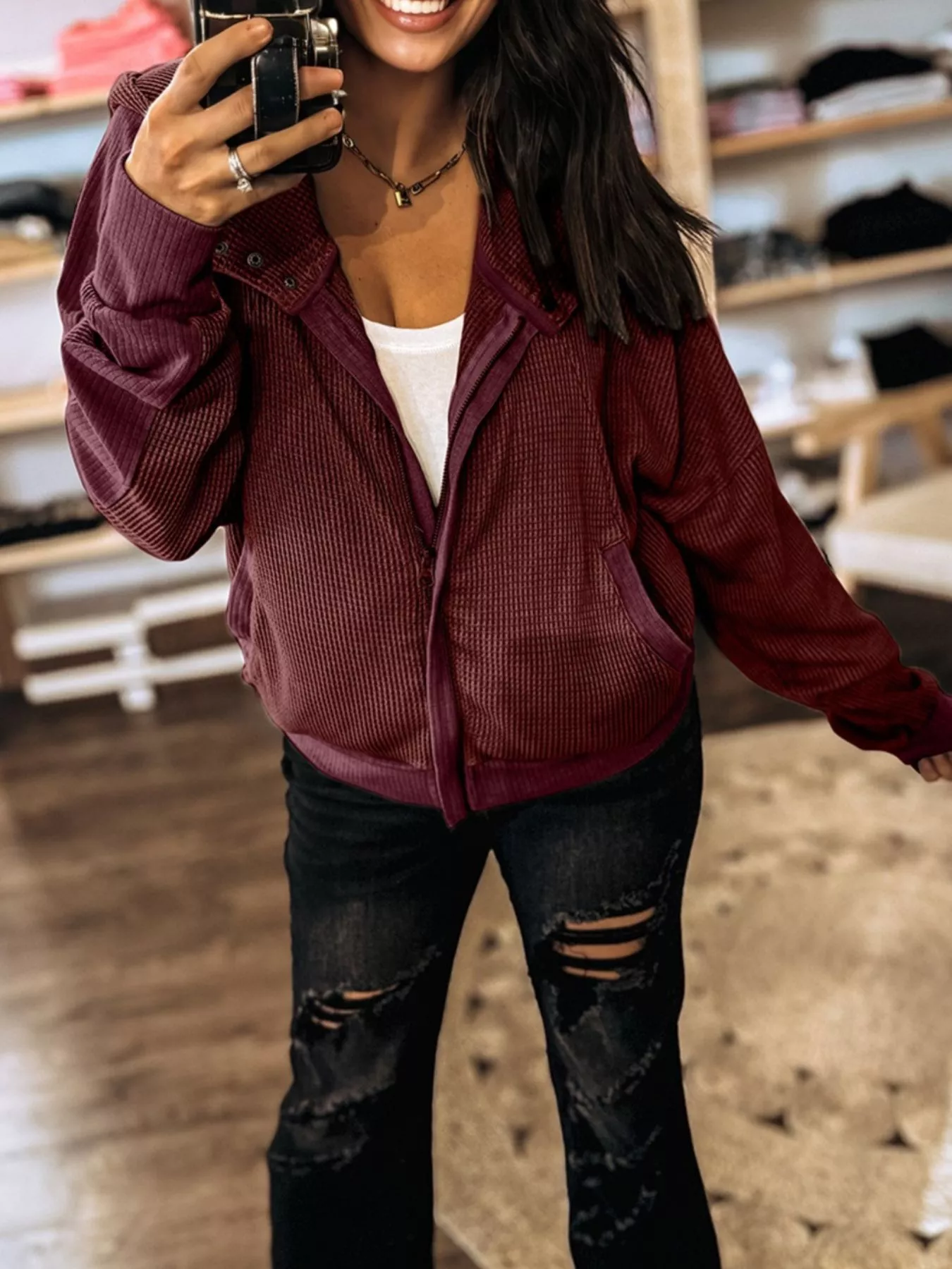 Waffle Zip Up Hooded Jacket with Pockets - Image 5