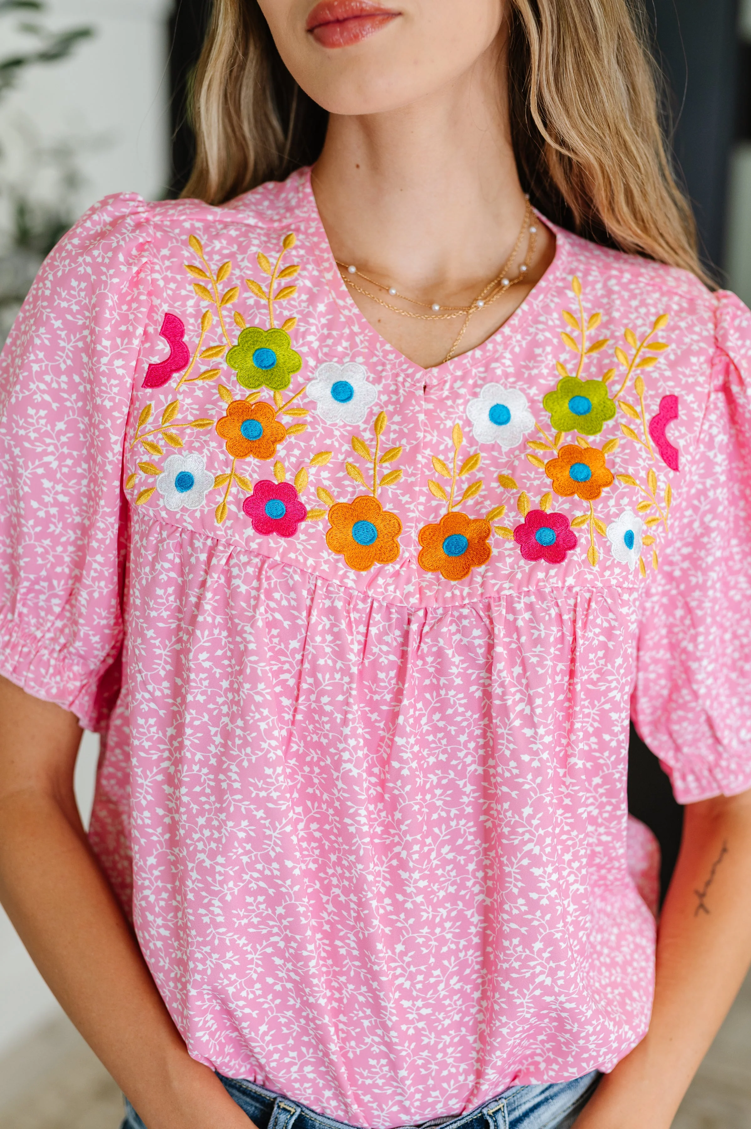 Wander Bloom Embroidered Puff Sleeve Blouse in Pink - Image 2
